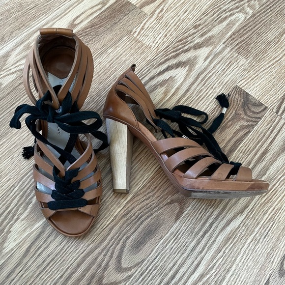 10 Crosby Derek Lam Brown Tan Leather Lace up Strappy Platform Heel Sandals sz 7 - Picture 1 of 12